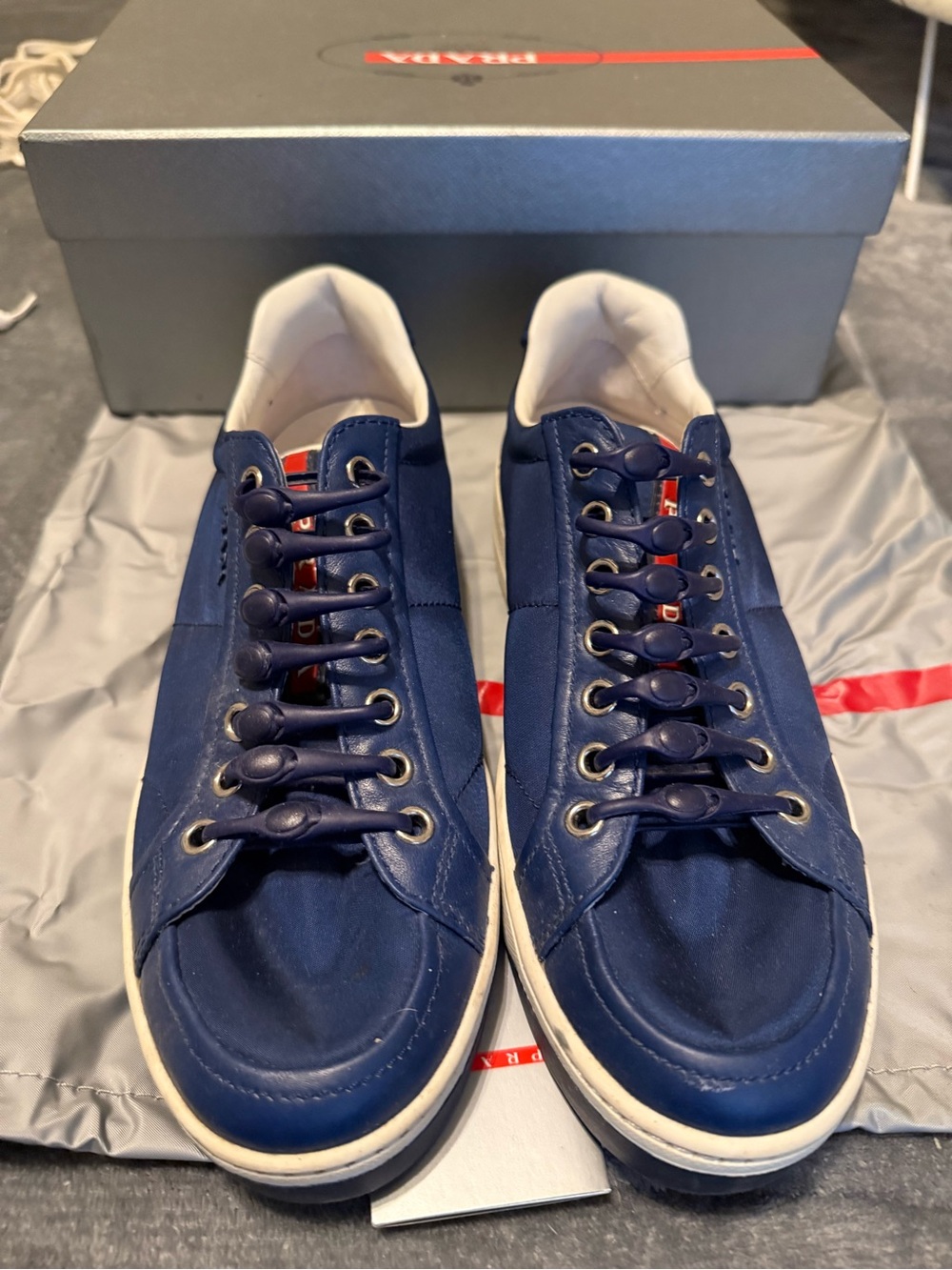 Prada Navy and White Low-Top Leather Sneakers